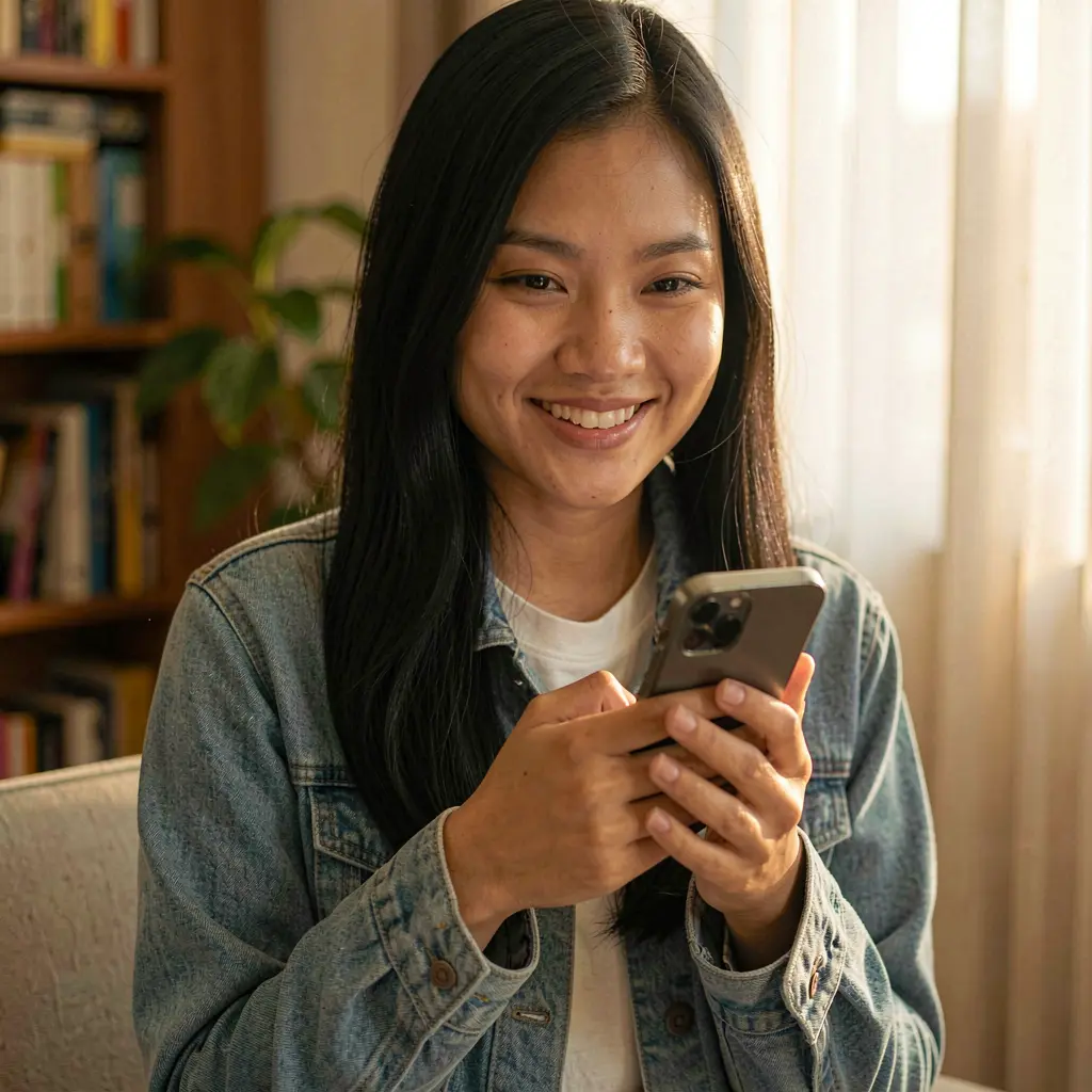 Happy Malaysian woman smiling while browsing casino games on the PETROS777 mobile app using her smartphone