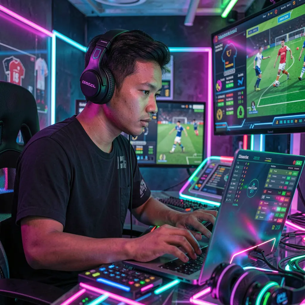 Focused Malaysian bettor wearing headphones while placing live sports bets on a laptop with neon visuals using the PETROS777 interface