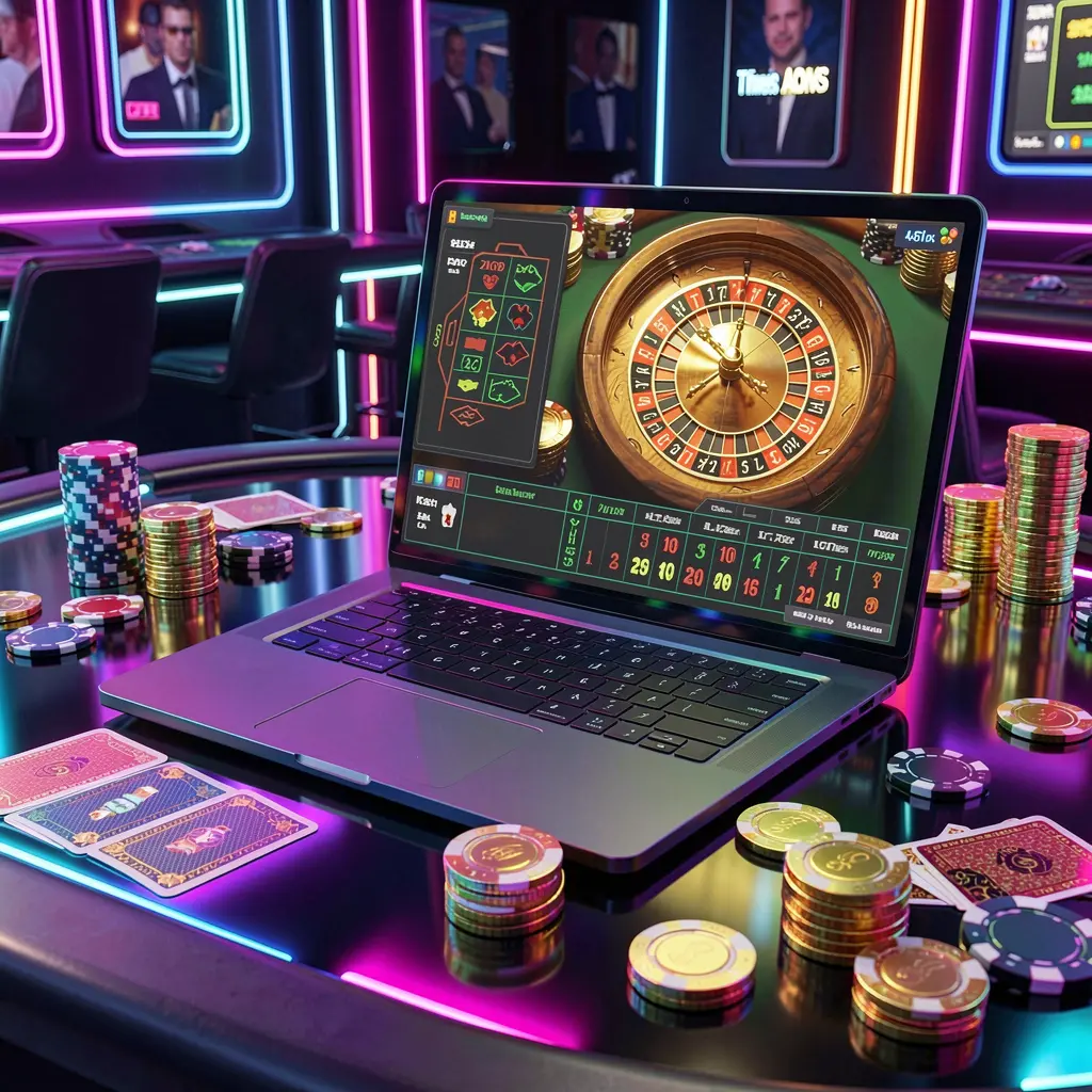 Modern laptop displaying a vibrant roulette wheel surrounded by casino chips and cards highlighting the immersive online casino gameplay at PETROS777 for Malaysian users