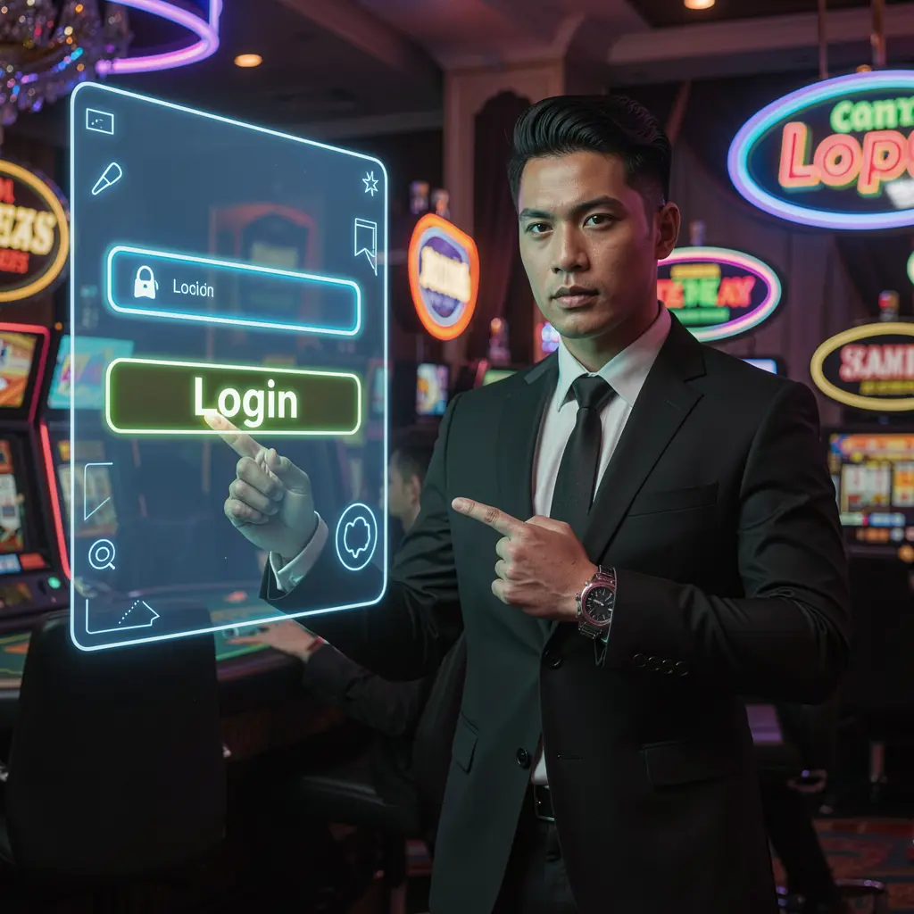 Confident Malaysian casino host pointing at a bright digital login sign inside a modern PETROS777 casino environment