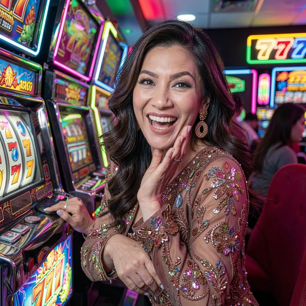 A joyful woman smiling in front of brightly lit slot machines with glowing 777 symbols representing premium online slot entertainment at PETROS777 in Malaysia